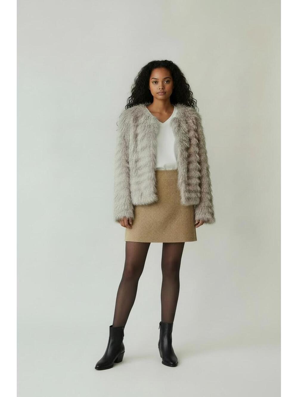 Boutique Chic Tan Faux Fur Jacket and Corduroy Skirt Outfit, Size Small